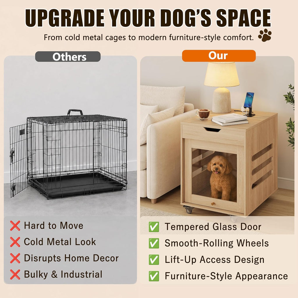 Dog Cage Furniture with Flip-Up Glass Door & Lockable Wheels -Natural Wood