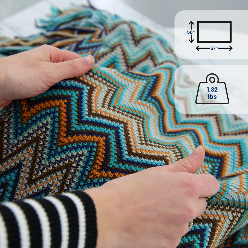 Boho Throw Blanket - 50 x 67 in. Patterned Bohemian Couch Blanket, Large Knitted Tassel Throw for Bed, Chair, Sofa