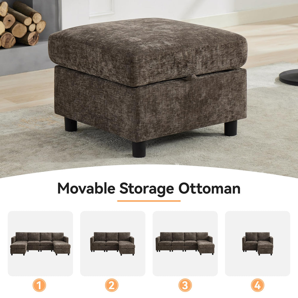 Modular Sectional Couch with Storage, 25'' Storage Sofa Ottoman, Brown