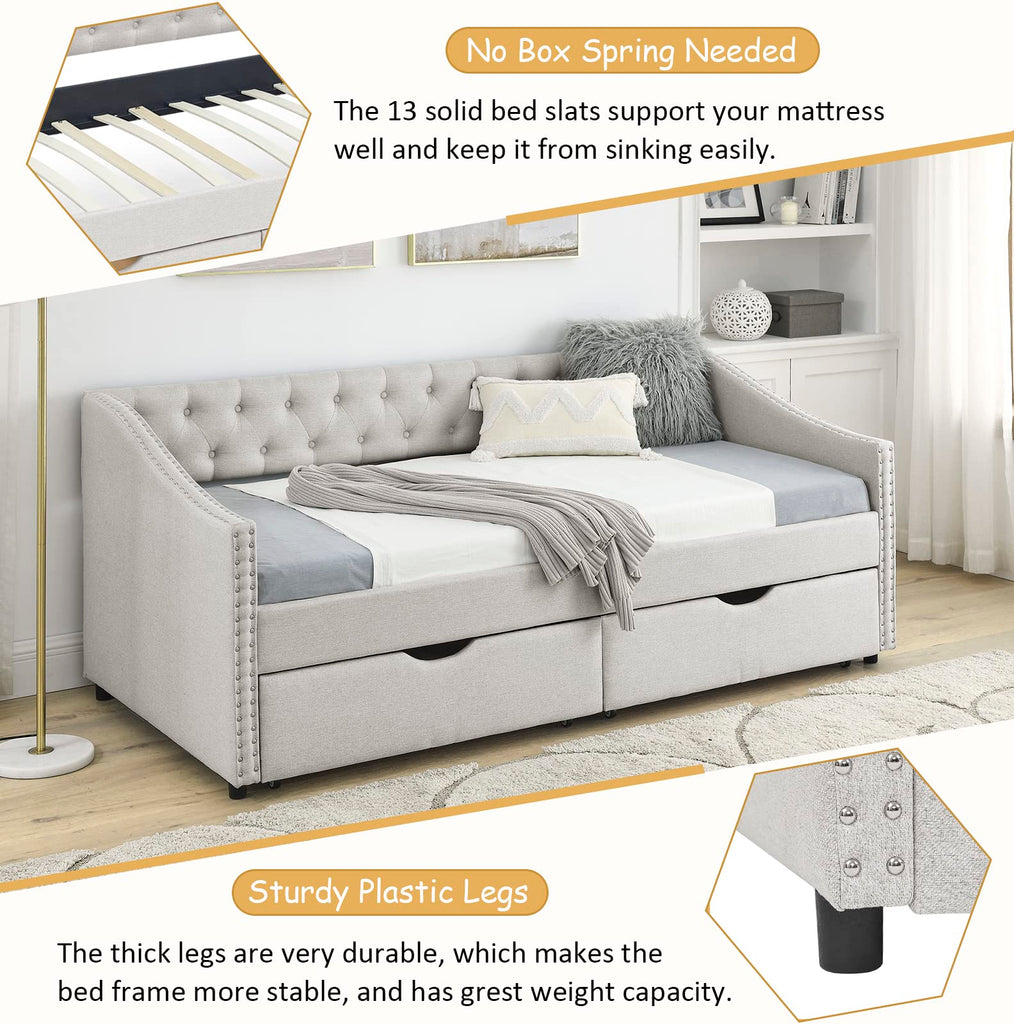 Wood Twin Daybed, Day Bed Frame with 2 Storage Drawers, Upholstered Twin Bed Frame Sofa Couch with Button and