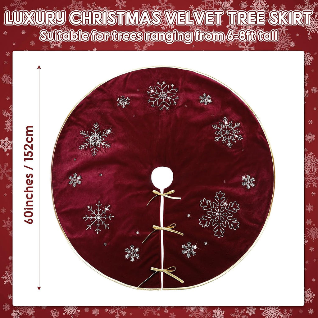 Burgundy Velvet Tree Skirt 60 Inch, Gold Snowflake Rhinestone