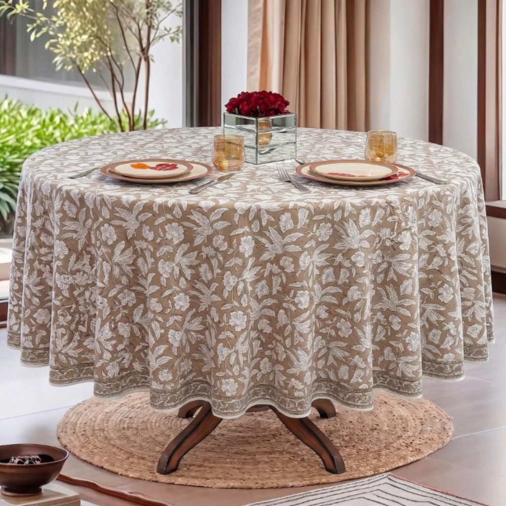 Hand Block Print Round Tablecloth Oak Brown 90 Inch 100% Cotton