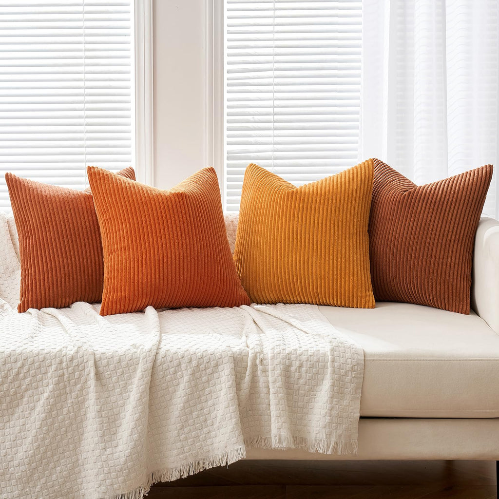 Fall Corduroy Decorative Throw Pillow Covers Orange Rust 18x18