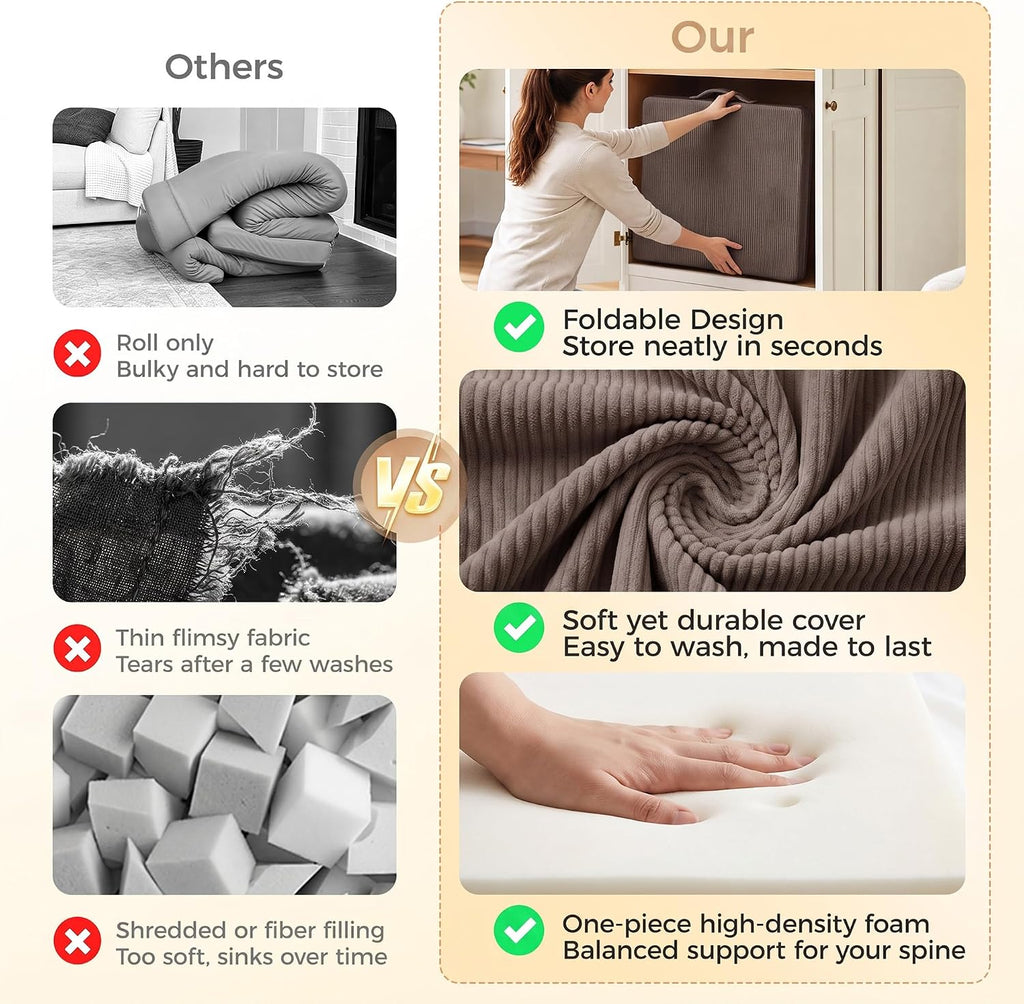 Tri-Fold Futon Mattress, Foldable Japanese Floor Sleep Mattress, High-Density Foam Tatami Bed Mat with Corduroy