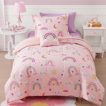 Glow in The Dark Twin Comforter Set for Girls, Pink Rainbow Bedding Set for Kids 1 Comforter, 1 Decor Pillow, 1