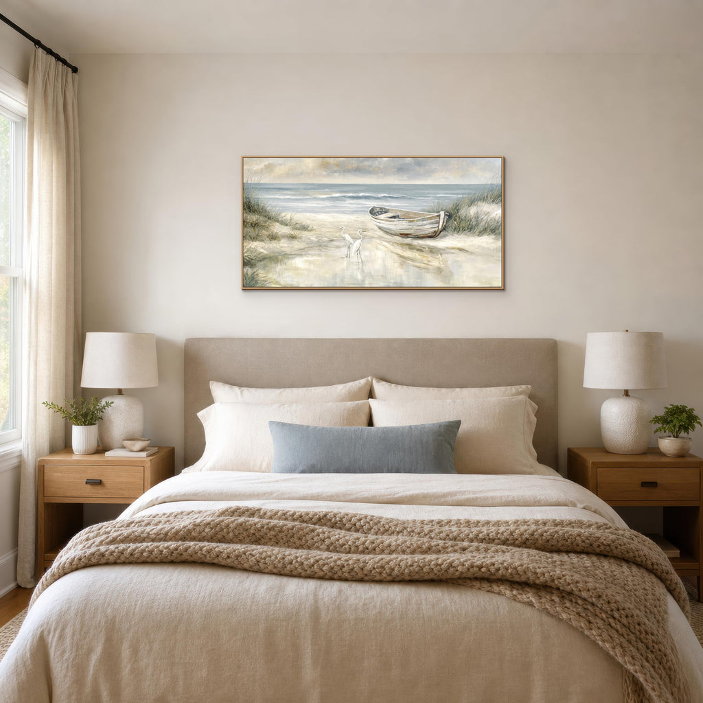 Framed Coastal Wall Art, Blue Gray Beach Canvas Print with Rowboat and Shorebirds, Horizontal Ocean Landscape