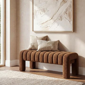 43.3" Bedroom Bench, Upholstered Brown Boucle Ottoman, Modern Tufted Dining Bench with Solid Wood Legs and Adjustable