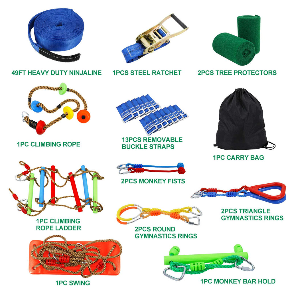 Ninja Warrior Obstacle Course Kit for Kids Ninja Slackline with 10 Accessories Monkey Bars, Ladder, Climbing Rope