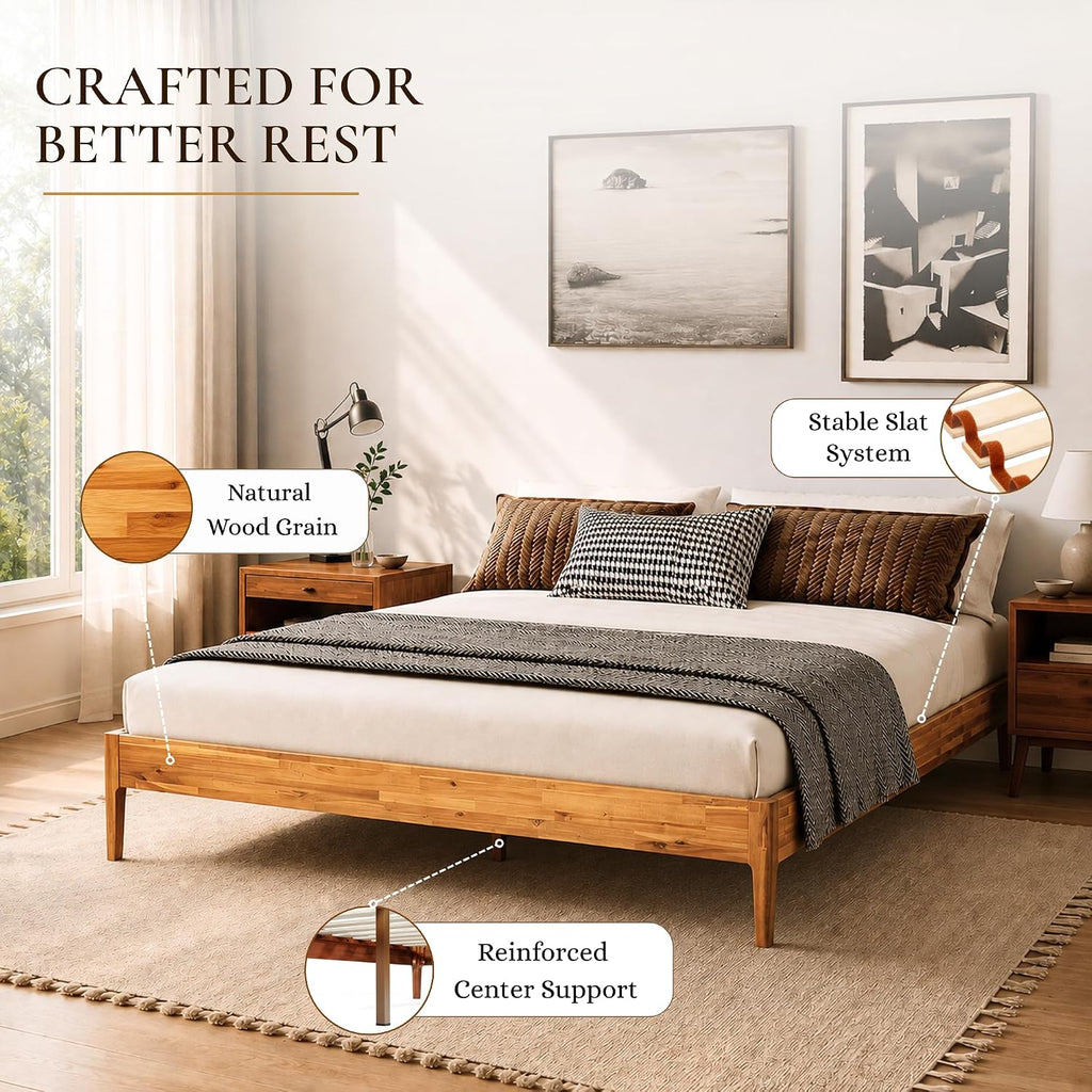 Camila 14'' Luxury Acacia Wood Bed Frame - Heavy Duty Platform, Japanese Joinery Bed Frame, No Box Spring