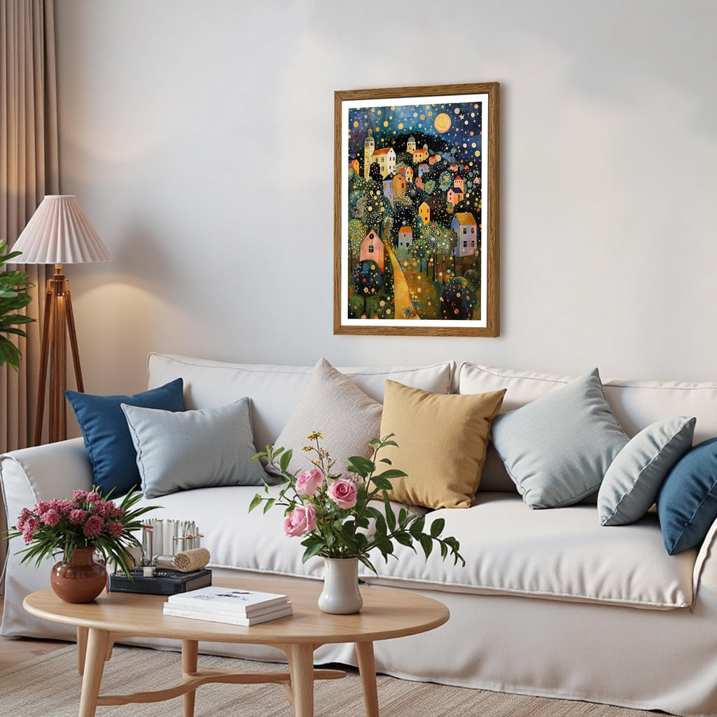Gustav Klimt Style Village Night Wall Art Framed Canvas 16x24 inch