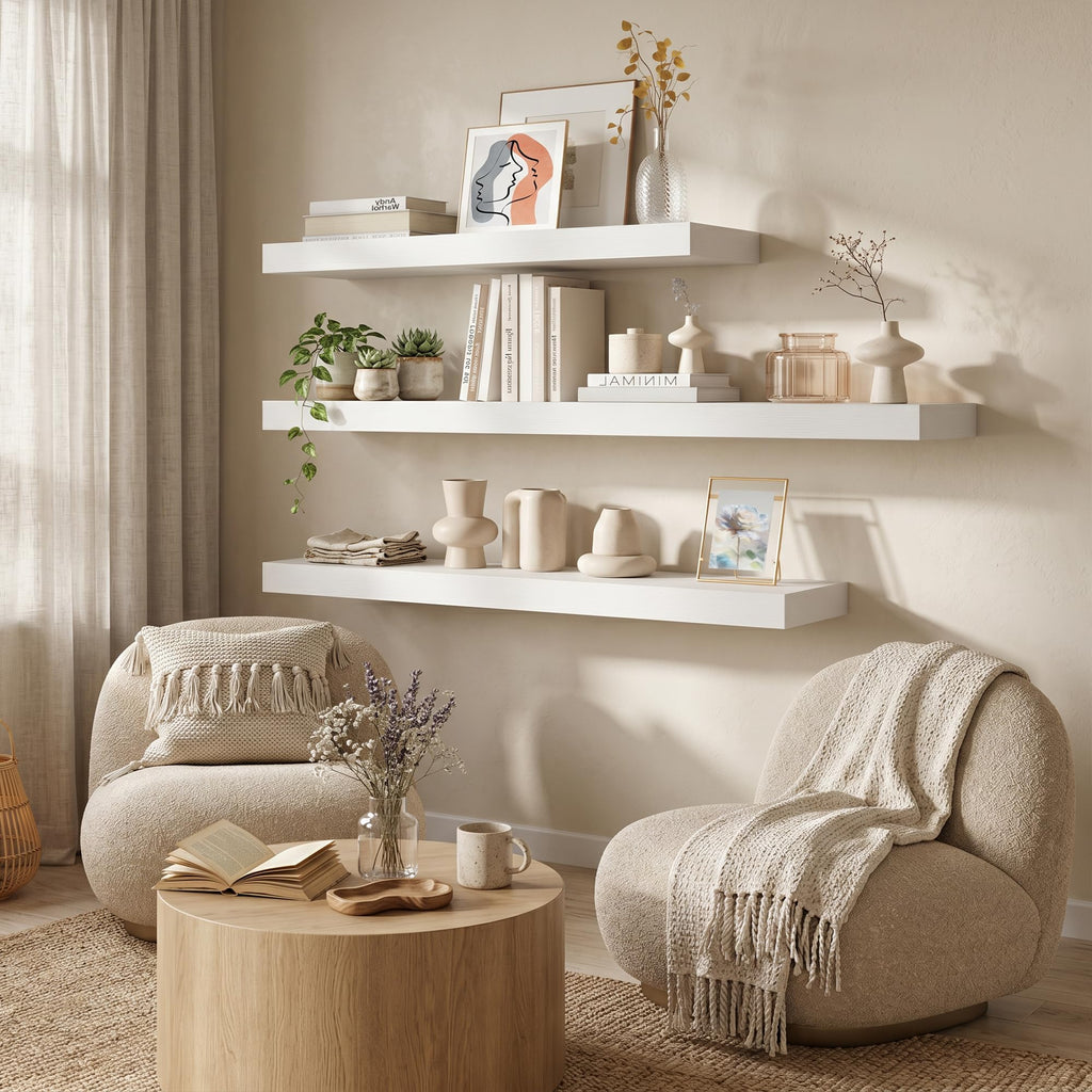 12 Inch Deep Floating Shelves, 12'' x 12'' White Shelves Set of 2