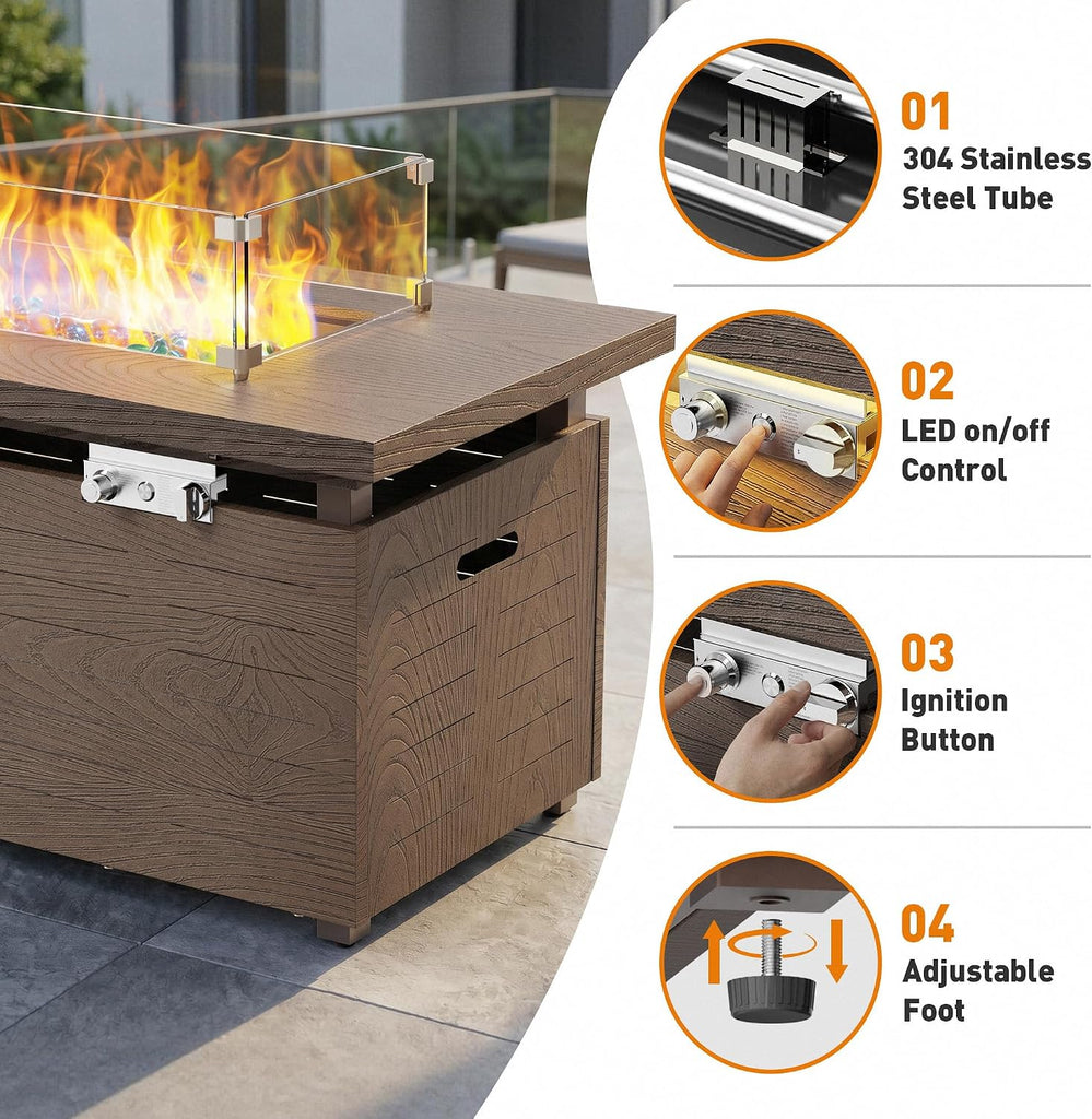 51" Outdoor Propane Fire Pit Table Rectangle Gas Firepit for Outside Patio | 50,000 BTU Fireplace Fire Table w Wind