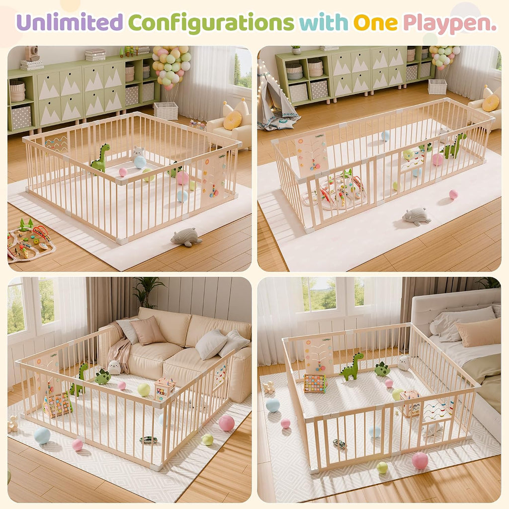 Wooden Baby Playpen, 63" x 63" Adjustable Size & Shape Play Yard Fence for Babies and Toddlers with Locking Gate