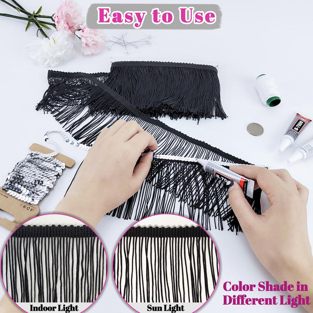 Black Fringe, 5 Yards X 4 Inch Fringe Trim with B7000 Glue, Tassels Trim for Crafts, Polyester Fibre Sewing Fringe