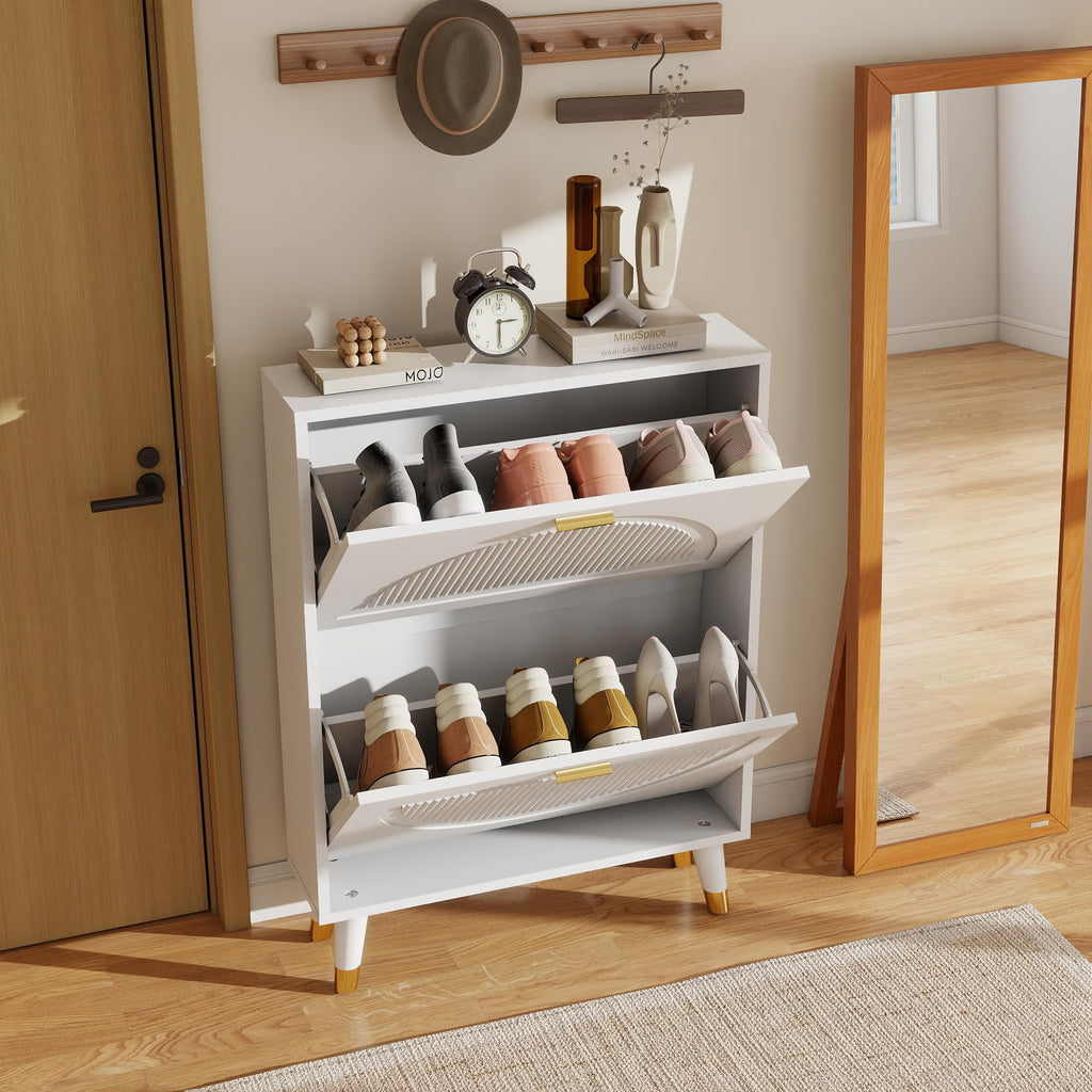 White Narrow Shoe Cabinet Storage with 2 Flip Drawers