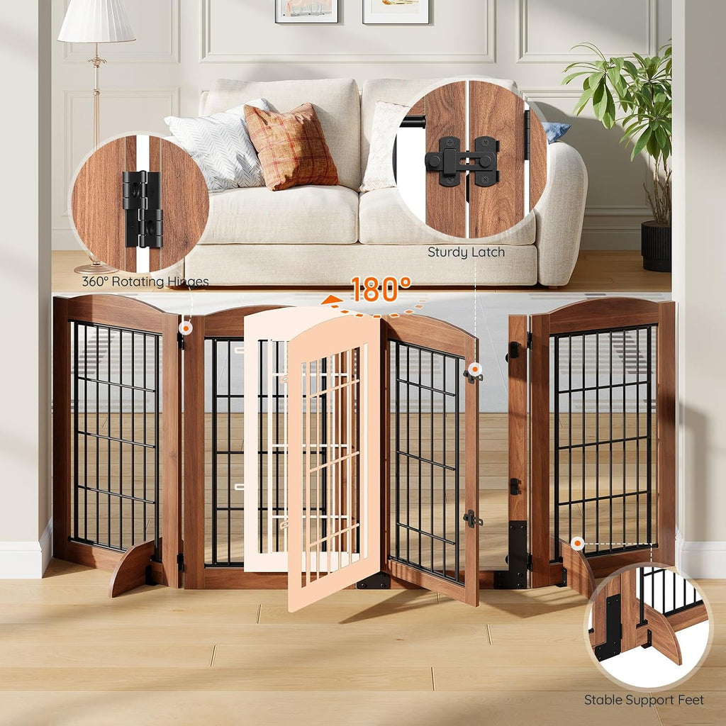 4 Panels Dog Gate Indoor with Door, 32.7'' Tall Freestanding Pet Gate with 2 Support Feet, Foldable Dog Fence