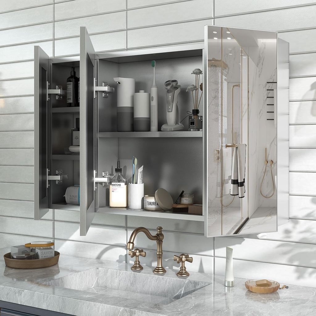 28x40 Inch Bathroom Medicine Cabinet with Mirror, Pre-Assembled Bathroom Medicine Cabinets, Surface/Recessed Wall