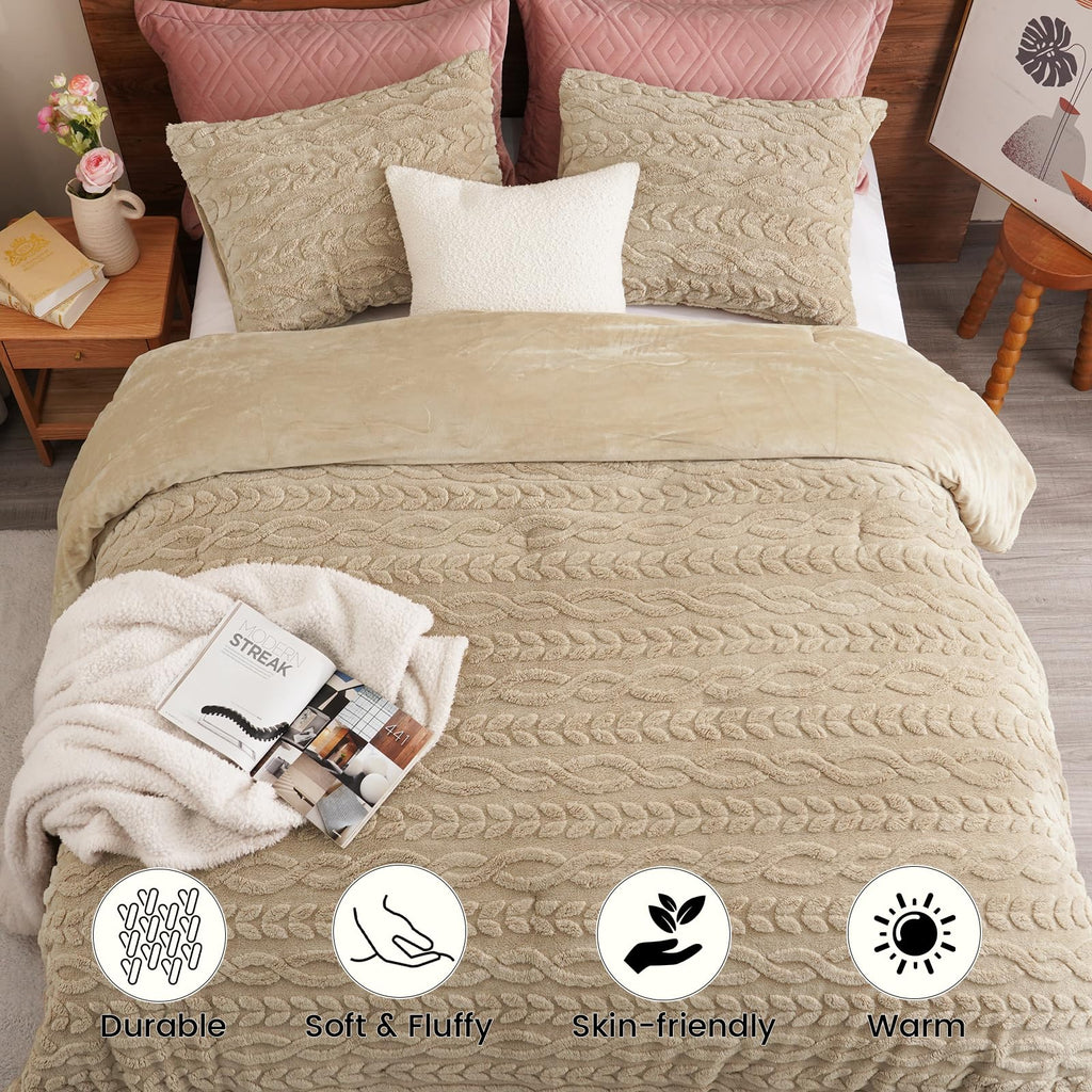 Fluffy Sherpa Fleece Comforter Set, 3 Pieces Warm Fuzzy Soft Bedding for Winter, 3D Tufted Flannel Plush Shaggy
