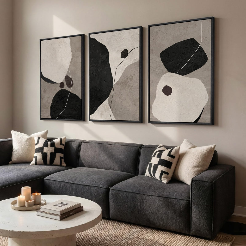 Large Framed Black and White Abstract Wall Art, 3 Piece Set, Each 24x36 In