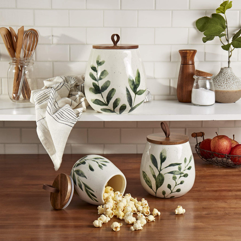 Tabletops Gallery Ceramic Canister Collection- Stoneware Designed Kitchen Storage Acacia Wood White Set, 3 Piece