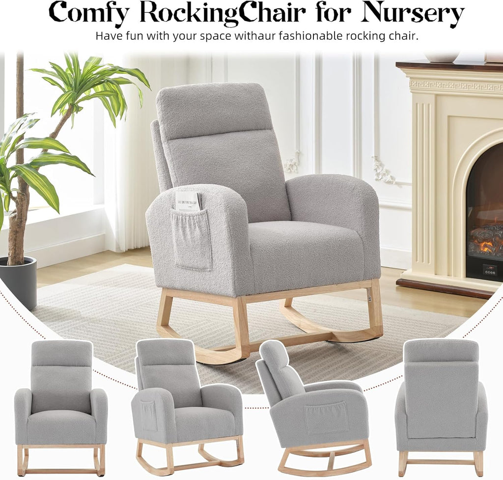 Rocking Chair Nursery,Glider Chair Nursery Chair with High Back and Side Pocket, Rocking Accent Armchair with Rubber