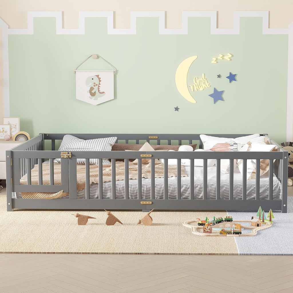 Queen Size Montessori Bed with High Fence and Guardrail, Solid Wood Floor Bed Frame for Kids Boys Girls, Gray