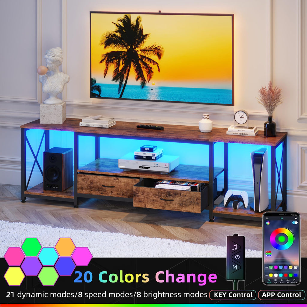 TV Stand with Fabric Drawers - Entertainment Center and Industrial Console Table with Open Storage Shelves - 71.5"
