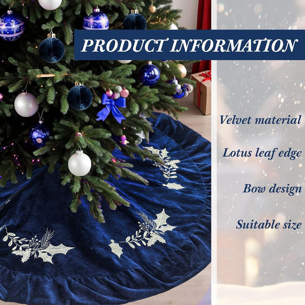 Christmas Tree Skirt, 48 Inches, Gold Embroidered Holly Style, Navy Blue