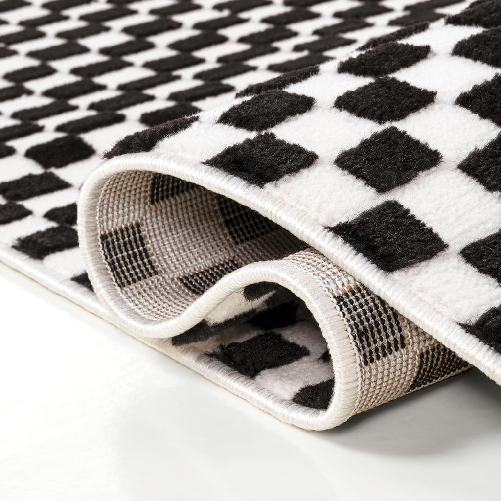 Finn High-Low Checkered Monotone Black/White Indoor Area Rug, Modern Minimalist, Non-Shedding, Stain Resistant