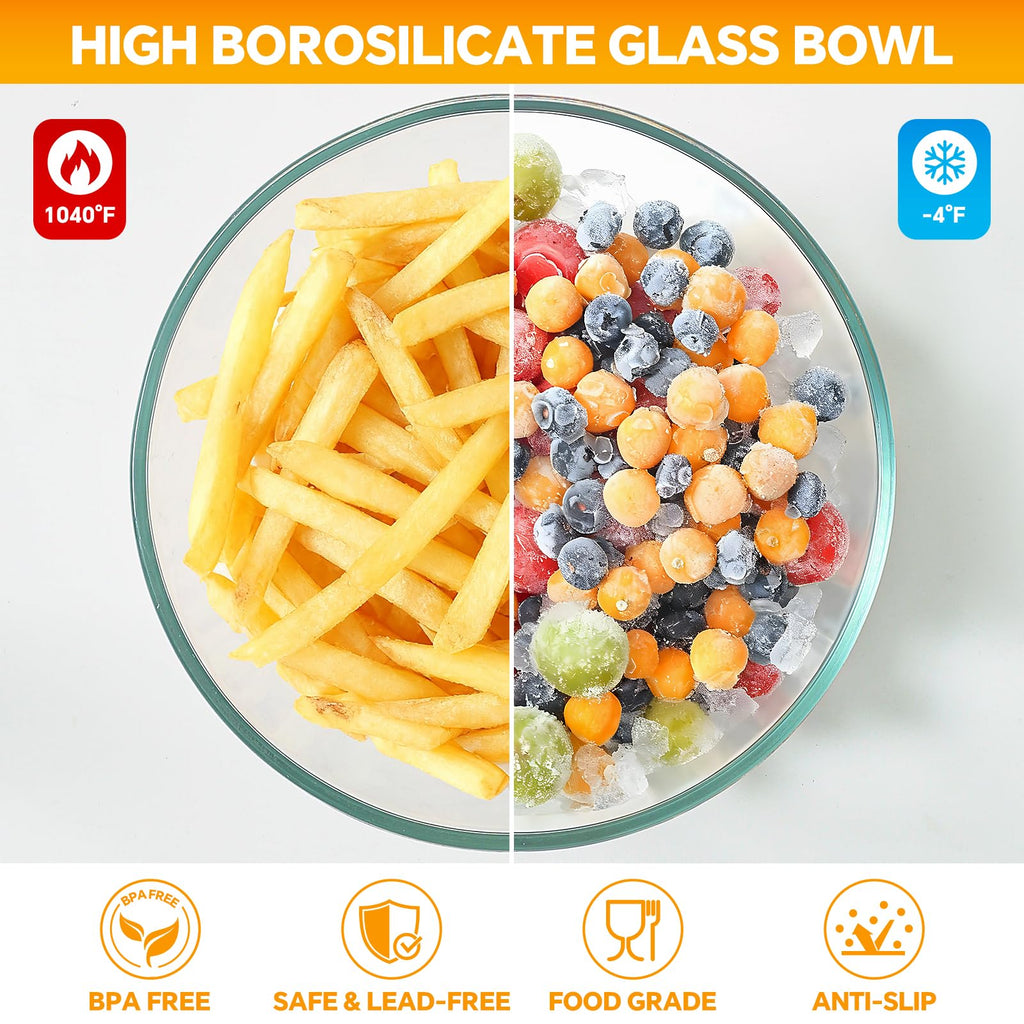 Glass Mixing Bowls with Lids Set of 5(4.78QT,2.2QT,1.7QT,1.1QT,0.85QT),Thick Glass Nesting Bowls Baking,Cooking