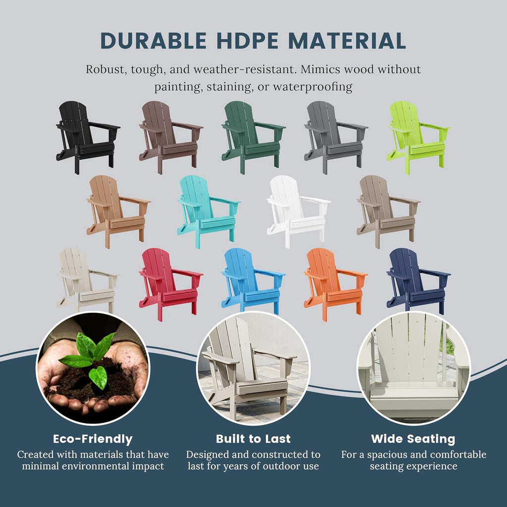 WO Home Furniture Laguna Folding Adirondack Chairs Set of 2, HDPE Patio Chair, All Weather Use Fire Pit Chair for