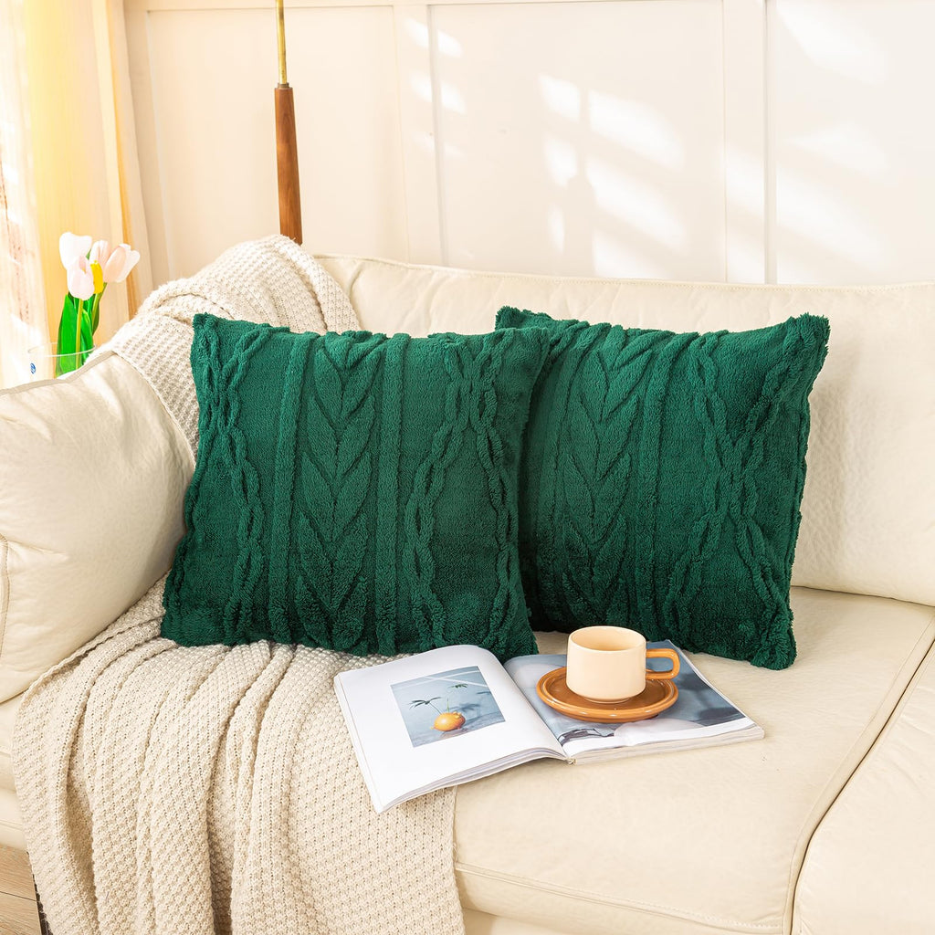 Sherpa Throw Pillow Covers, Set of 2-Forest Green, 18"x18"