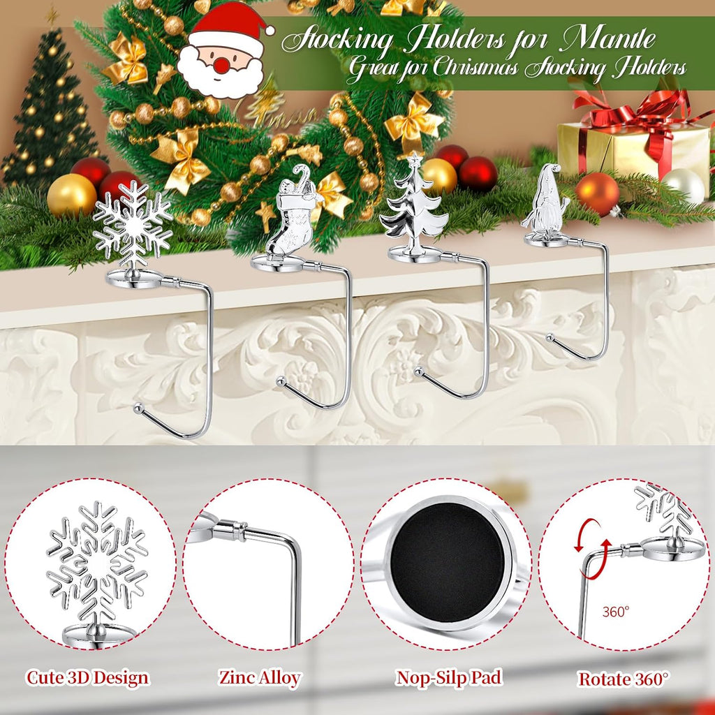 Christmas Stocking Holders for Mantel Set of 4, Non-Slip Adjustable Mantle Stocking Holders, Snowflake Snowman