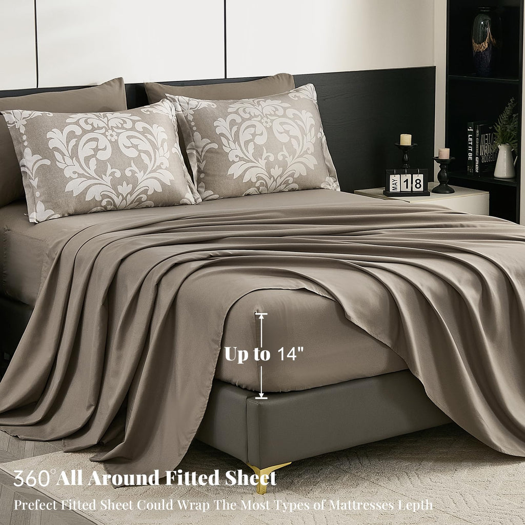 Queen Luxury Comforter Set Taupe 7 Piece Boho Damask Bedding