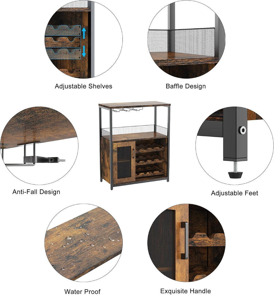 Wine Bar Cabinet with Detachable Wine Rack and Storage Space | 3-Tier Buffet Cabinet with Glass Holder and Mesh Door
