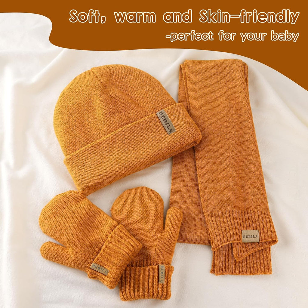 Baby Beanie Boys Winter Hat Gloves Girls Scarf Set Fleece Lined Knit