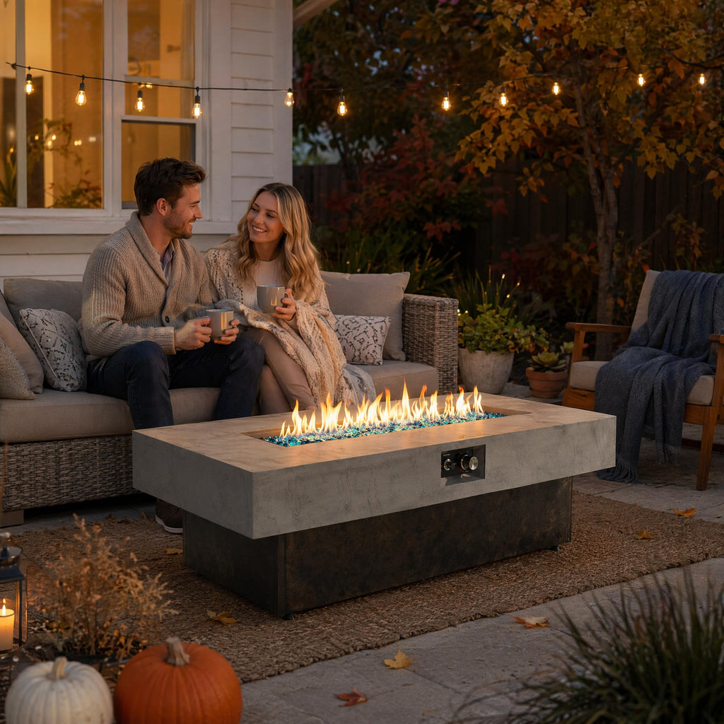 56" Propane Fire Pit Table, 50, 000 BTU, 3 Heights, Cement Grey