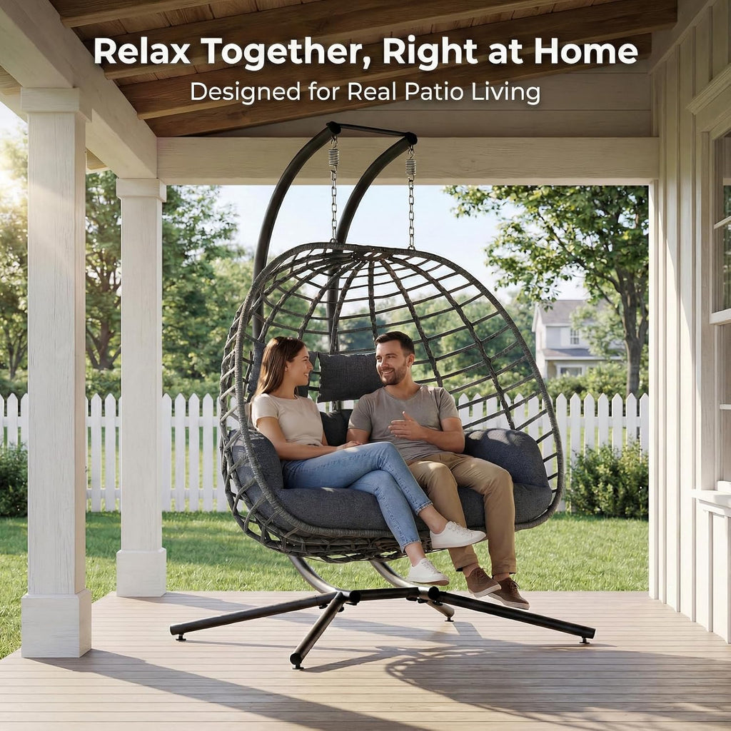 Double Egg Swing Chair with Stand, Outdoor Patio 2 Person Hanging Wicker Hammock Chairs with Cushion for Indoor