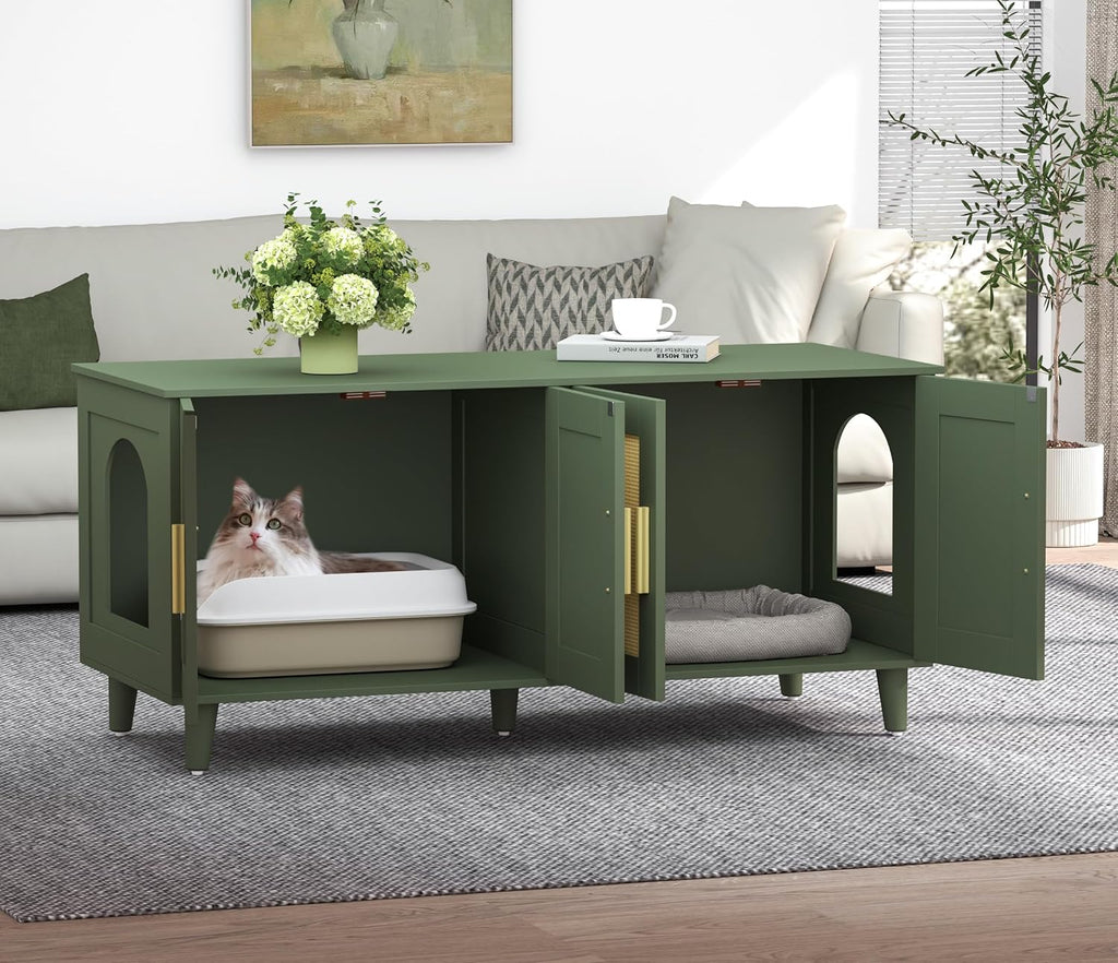 Boho Cat Litter Box Enclosure for 2 Cats, Green and Natural