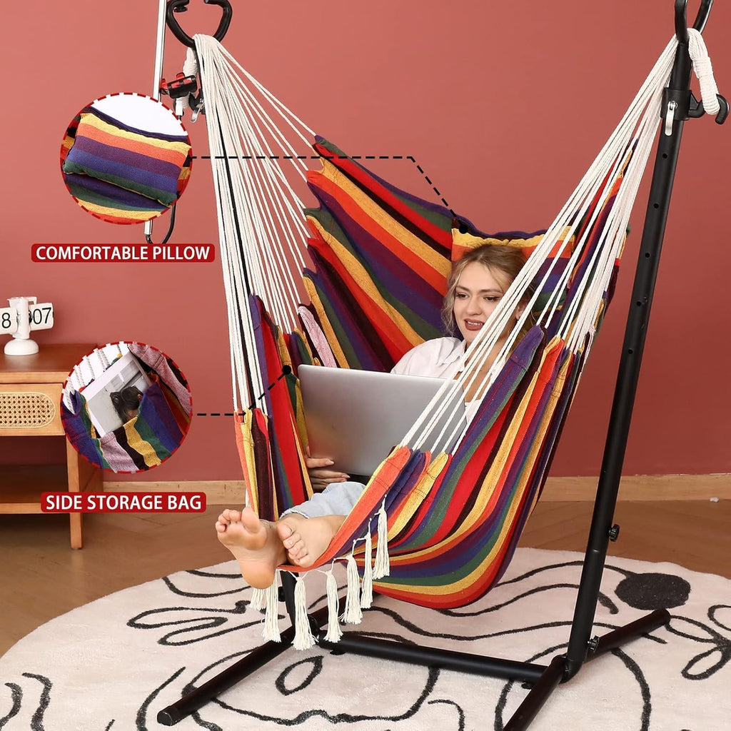 Hammock Chair with Stand Double Hammock Chair Bohemian Style with Tassel Mobile Phone Support Manual Adjustable Swing