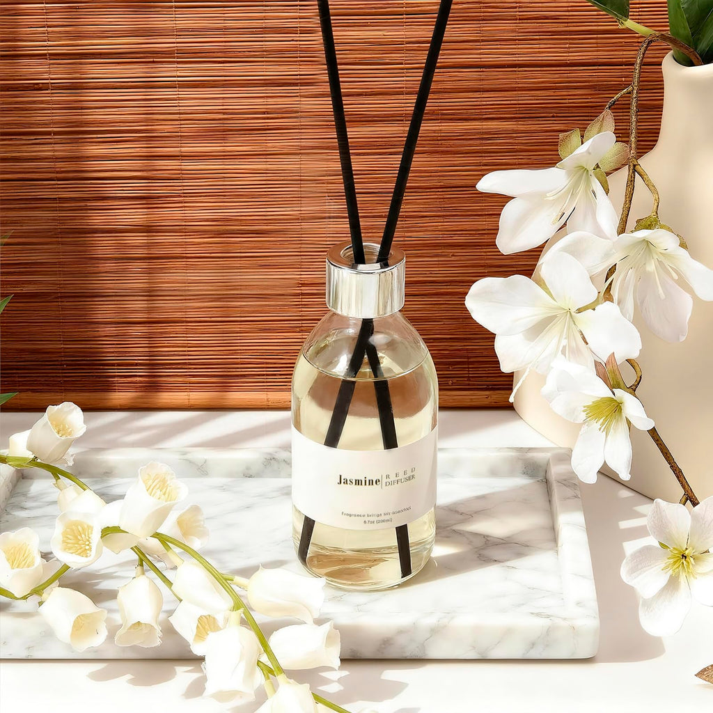 Reed Diffuser Set, 6.7 oz Jasmine Scented Diffuser with Sticks, Home Fragrance Reed Diffuser Shelf Decor