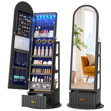 Arched LED Mirror Jewelry Cabinet, Standing Jewelry Armoire, Black