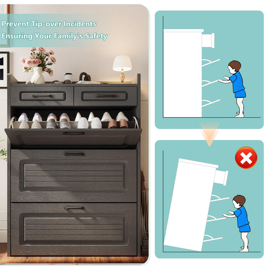 Shoe Cabinet with 3 Large Flip Drawer 2 Top Drawer Dark Grey