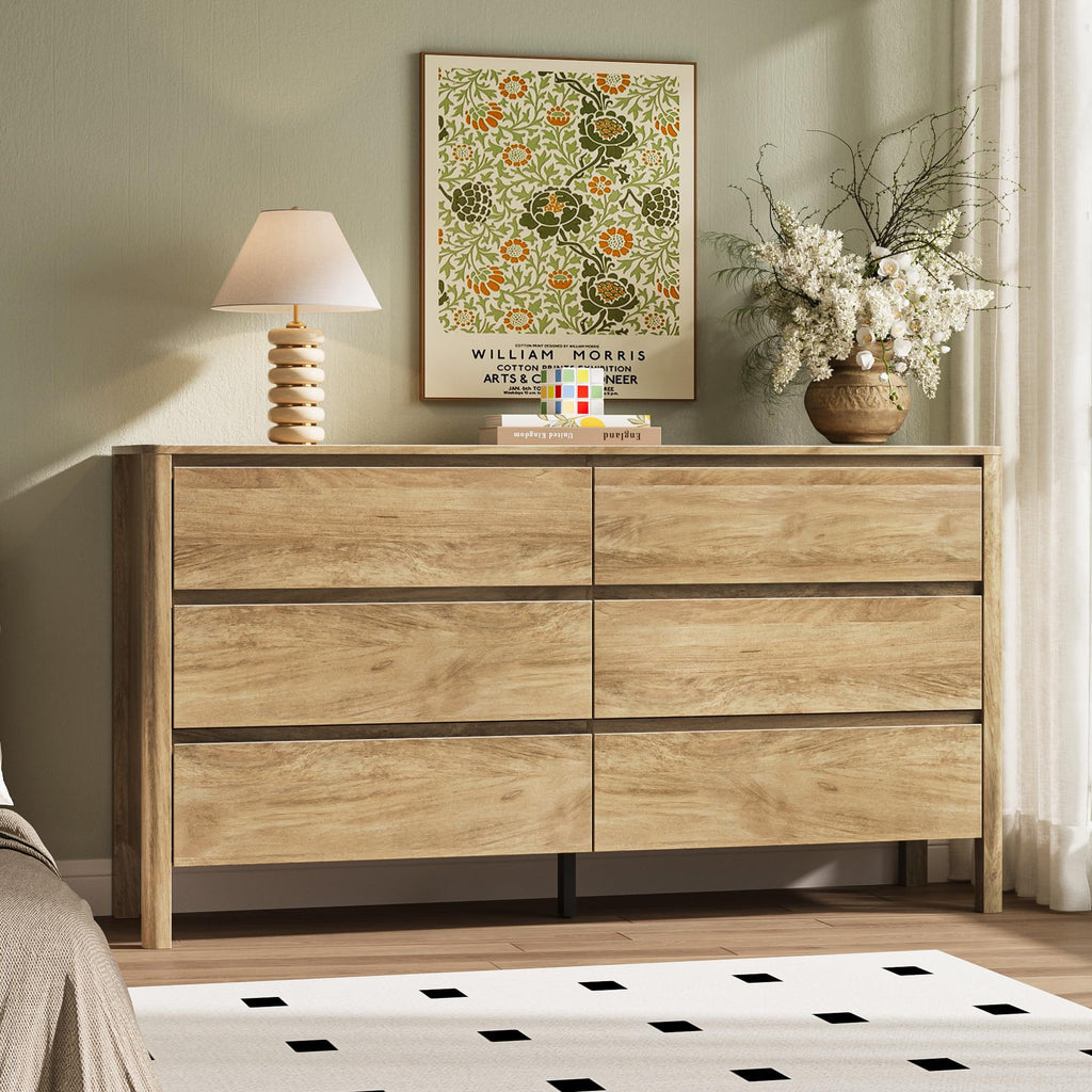 Oak 6 Drawer Dresser, 55" Wide Modern Wood Dresser