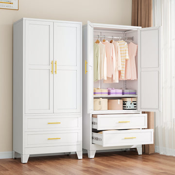 Metal Armoire Wardrobe Closet with 2 Drawers, 71" Wardrobe Cabinet with Adjustable Shelves and Hanging Rod, Clothing