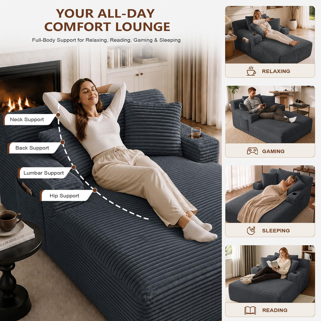66.1" Oversized Boneless Chaise Lounge Chair Indoor, Corduroy Cloud Reading Chair for Sleeper Chair with 3 Throw