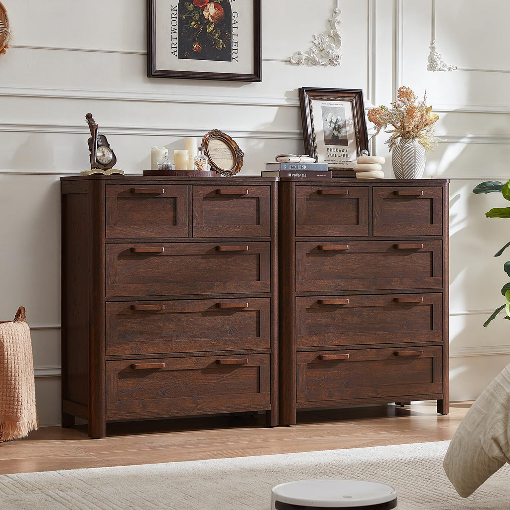 Farmhouse 5 Drawer Dressers, Walnut