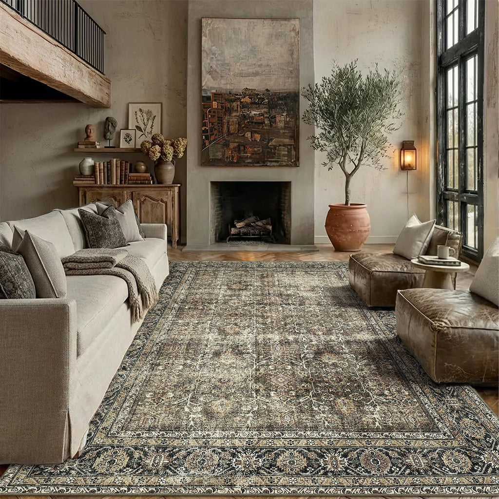 Vintage Area Rug 9x12 Brown Washable Living Room Large Carpet Non Slip Bedroom Indoor Office Low Pil