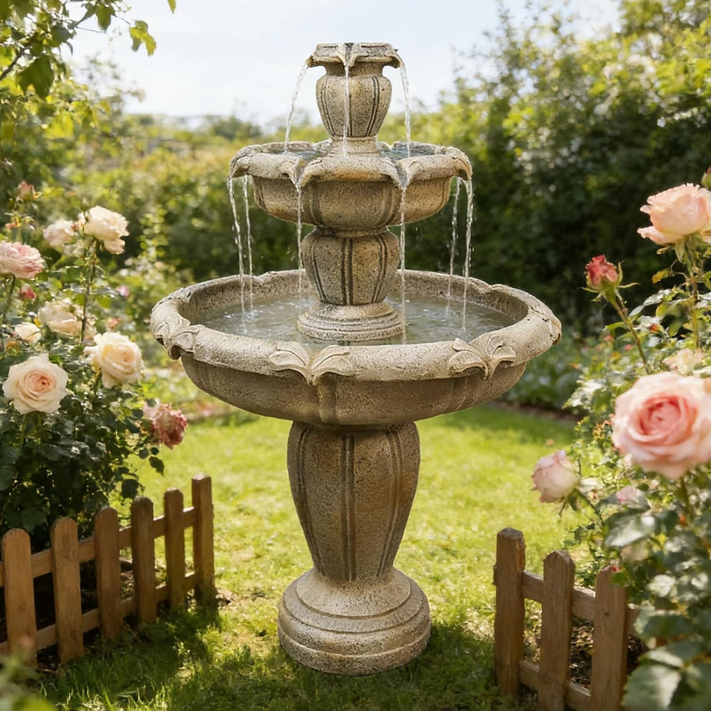 48" Water Fountain Outdoor - Large Waterfall Fountain Outside, 3-Tiers Cascading, Fiber Reinforced Concrete