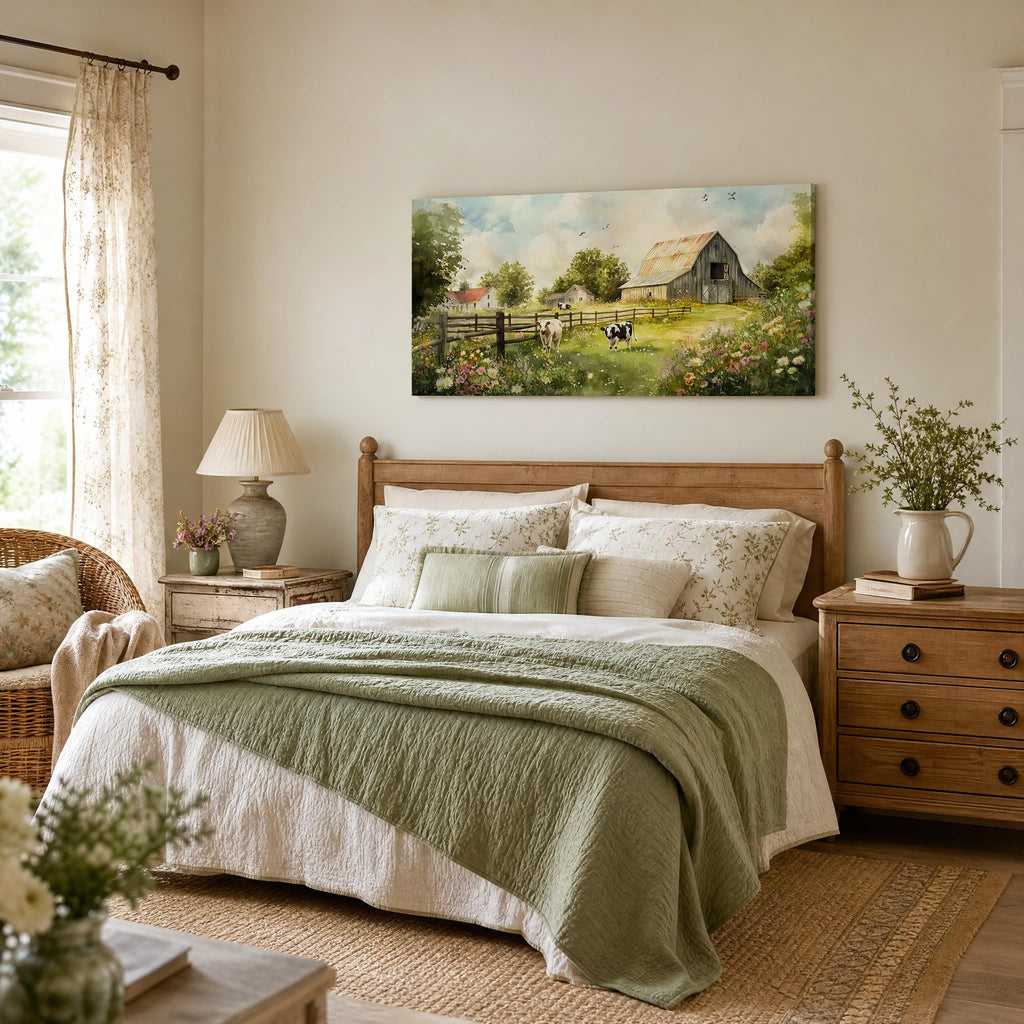 Rustic Farmhouse Barn Canvas Wall Art Vintage Wooden Barn with Cows Countryside Artwork Gallery Wrapped Canvas